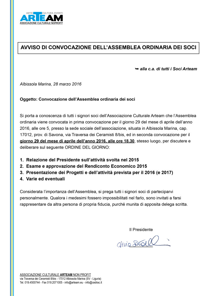 La convocazione dell'Assemblea Ordinaria dei Soci 2016